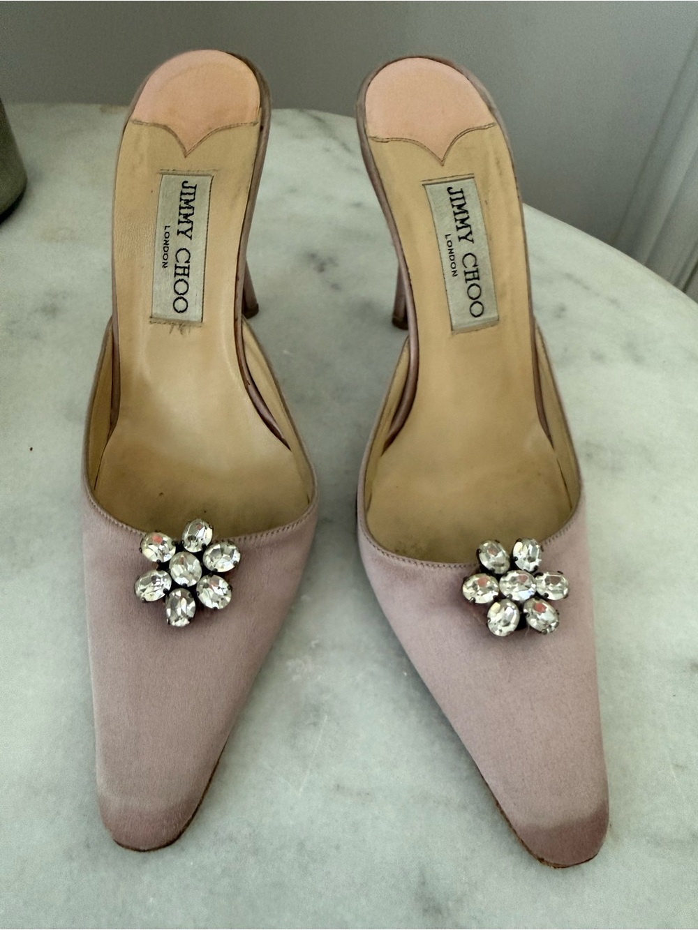 ✨VINTAGE DREAM! Jimmy Choo Crystal Daisy Satin Mules late 1990s or early 2000s